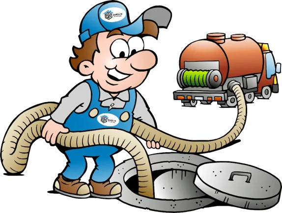 Cartoon: Barteck-Techniker bei der Kanalreinigung mit Spülschlauch