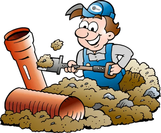 Cartoon: Barteck-Techniker bei der Kanalsanierung im Schacht