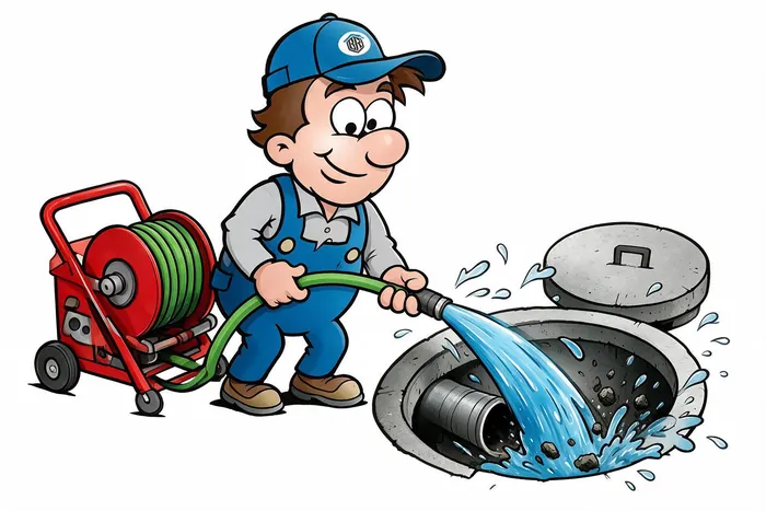 Cartoon: Barteck-Techniker spült ein Kanalrohr mit kräftigem Hochdruck-Wasserstrahl frei