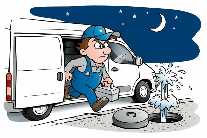 Cartoon: Barteck-Techniker eilt nachts mit Werkzeugkoffer vom Einsatzfahrzeug zum überlaufenden Gully