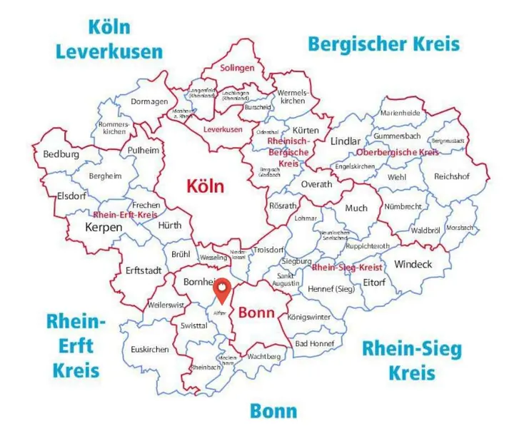 Karte des Einsatzgebiets der Rohrreinigung Barteck mit Markierung auf Alfter