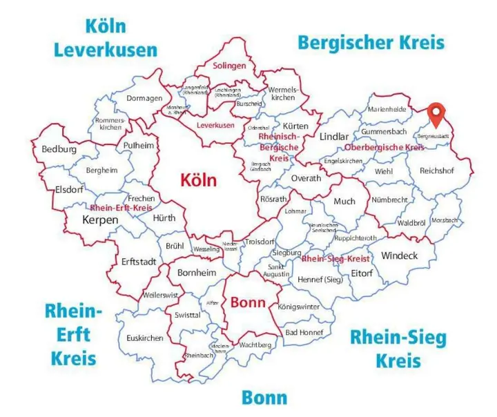 Karte des Einsatzgebiets der Rohrreinigung Barteck mit Markierung auf Bergneustadt