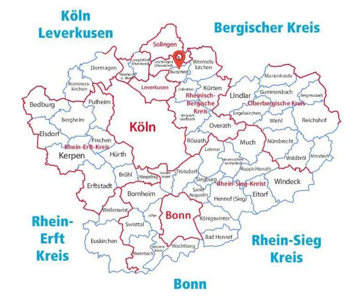 Karte des Einsatzgebiets der Rohrreinigung Barteck mit Markierung auf Burscheid