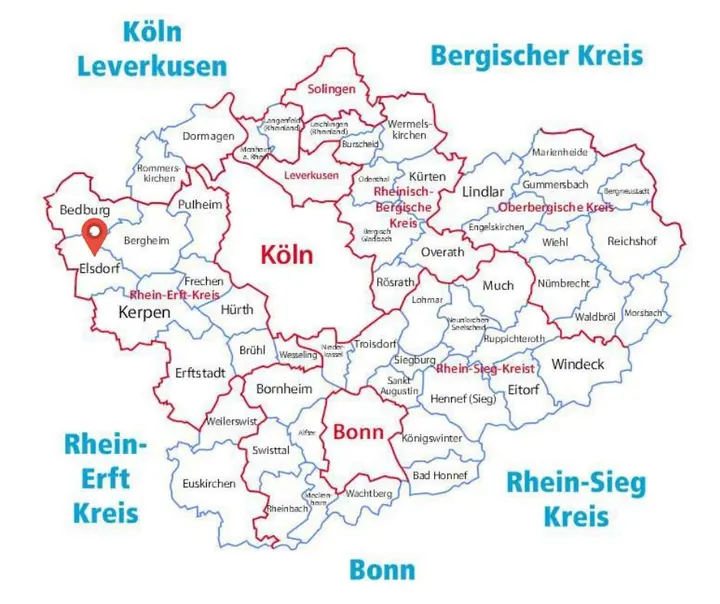 Karte des Einsatzgebiets der Rohrreinigung Barteck mit Markierung auf Elsdorf