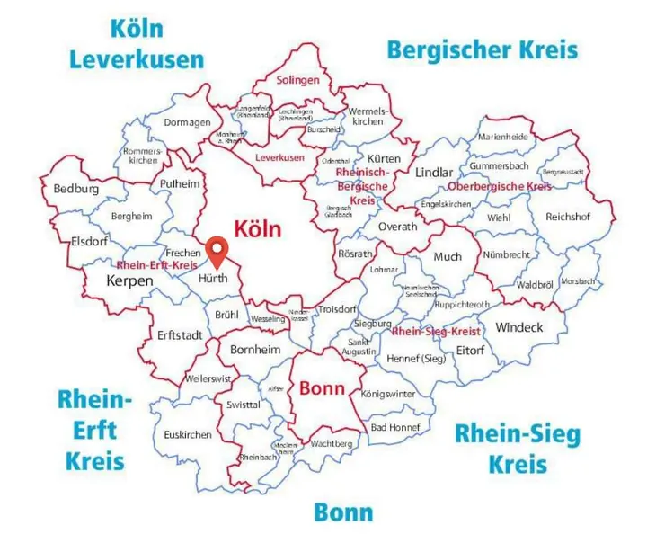 Karte des Einsatzgebiets der Rohrreinigung Barteck mit Markierung auf Hürth