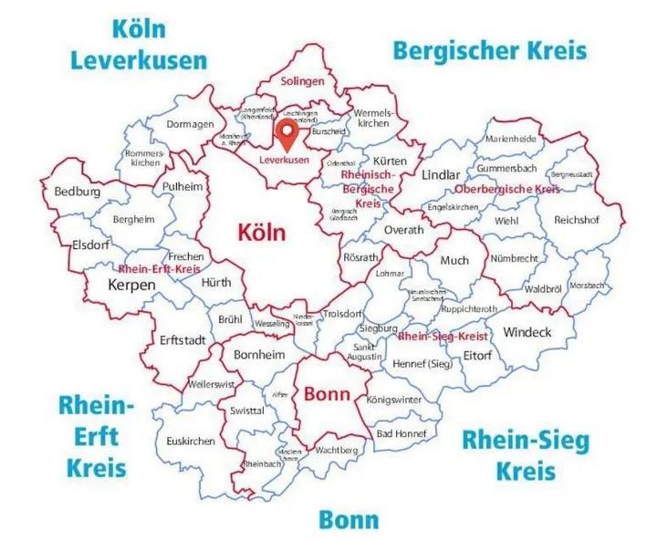 Karte des Einsatzgebiets der Rohrreinigung Barteck mit Markierung auf Leverkusen