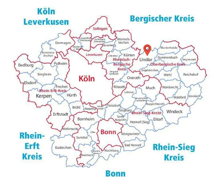 Karte des Einsatzgebiets der Rohrreinigung Barteck mit Markierung auf Lindlar