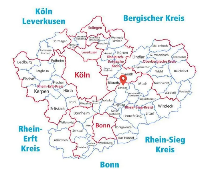 Karte des Einsatzgebiets der Rohrreinigung Barteck mit Markierung auf Lohmar