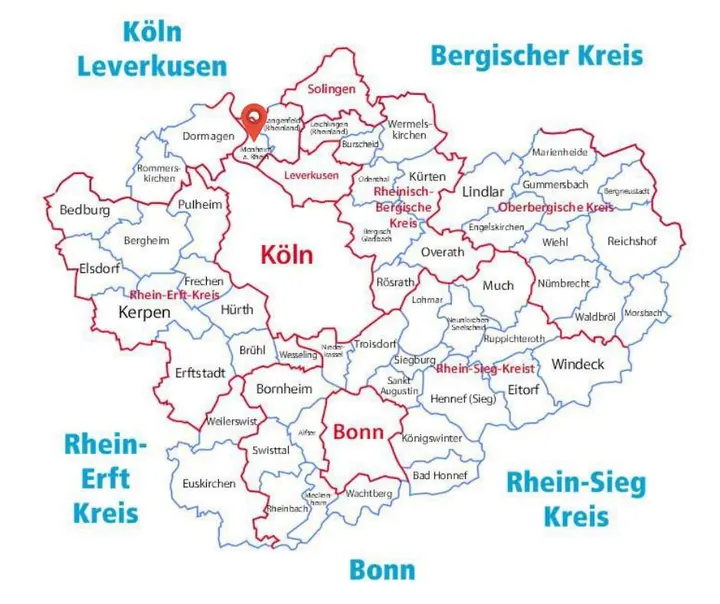 Karte des Einsatzgebiets der Rohrreinigung Barteck mit Markierung auf Monheim am Rhein