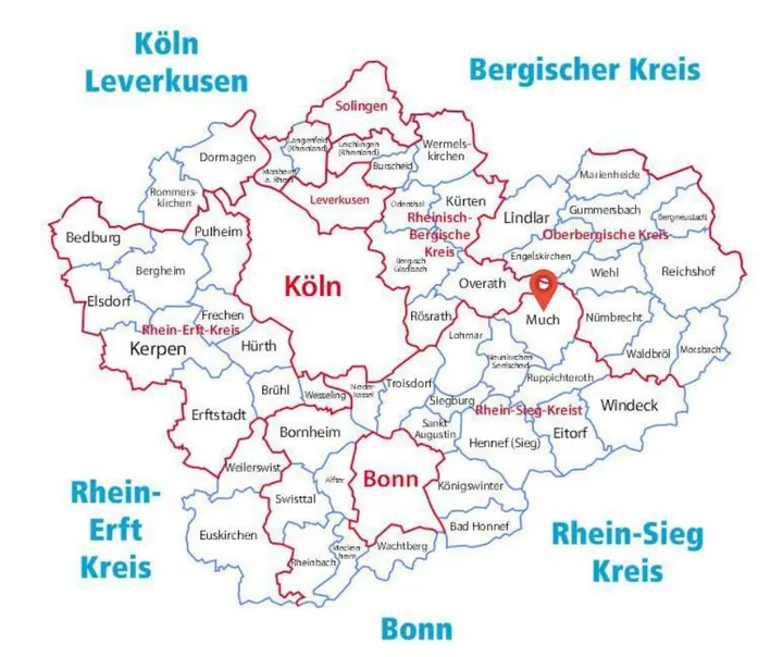Karte des Einsatzgebiets der Rohrreinigung Barteck mit Markierung auf Much