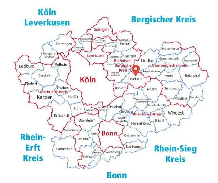 Karte des Einsatzgebiets der Rohrreinigung Barteck mit Markierung auf Overath