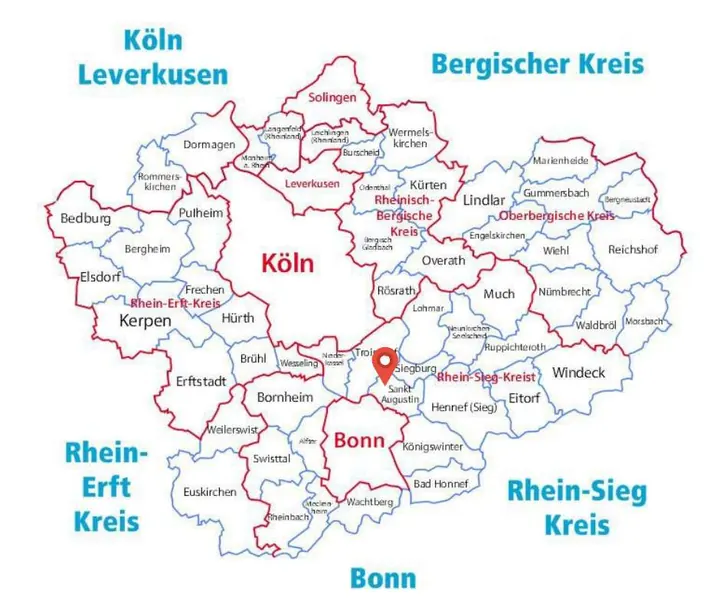 Karte des Einsatzgebiets der Rohrreinigung Barteck mit Markierung auf Sankt Augustin