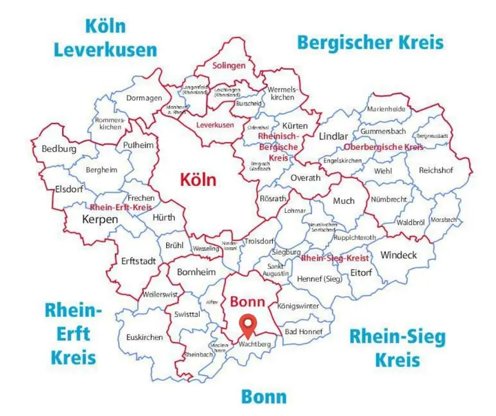 Karte des Einsatzgebiets der Rohrreinigung Barteck mit Markierung auf Wachtberg